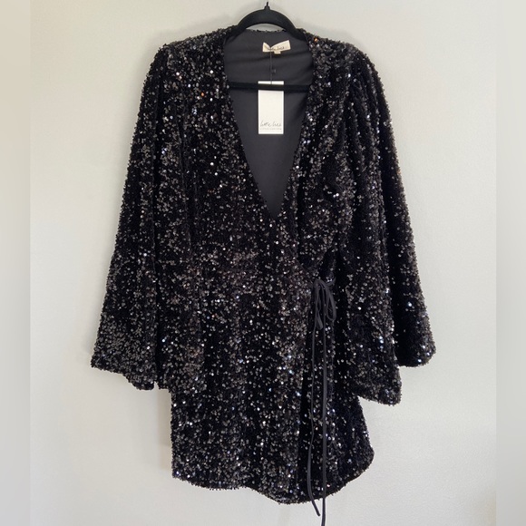 Black Sequin Wrap Dress - Picture 2 of 8